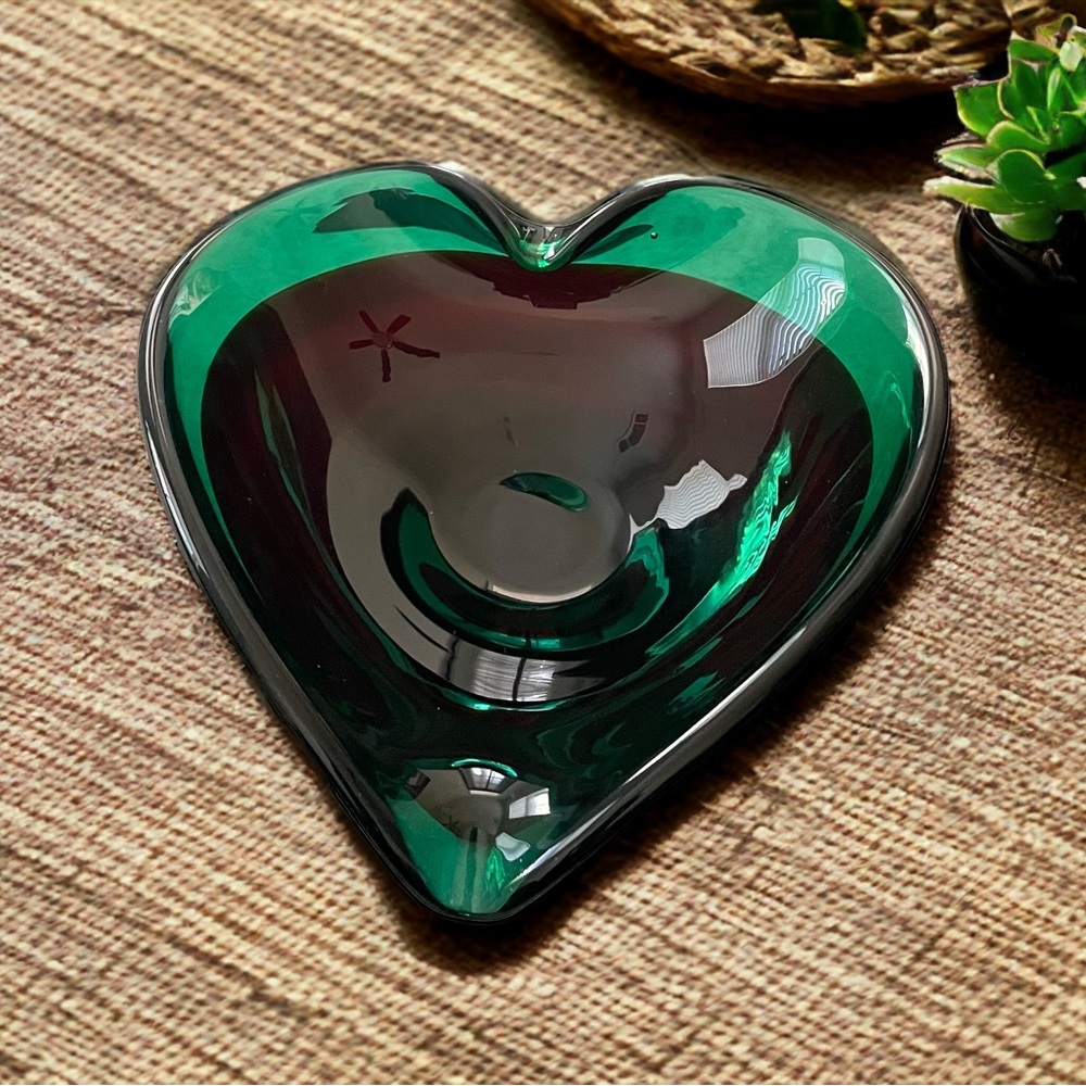 MCM Murano Hand blown Heart Shaped Art Glass in Ruby Red & Green Sommerso Bowl